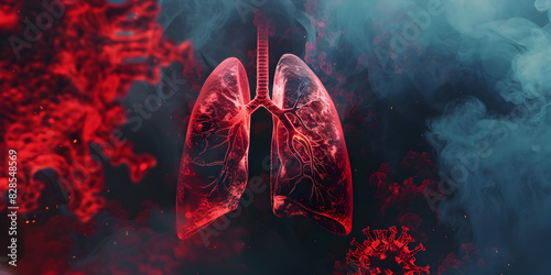 Human lungs anatomy on scientific background. 3d illustration Lungs of a healthy person in pink and black color on a dark background. Lung diseases. photo