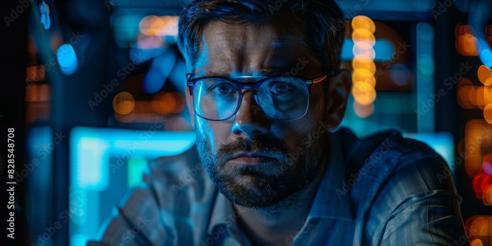 Tech Professional Working Late at Night in Office Tech Professional Working Late at Night in Office