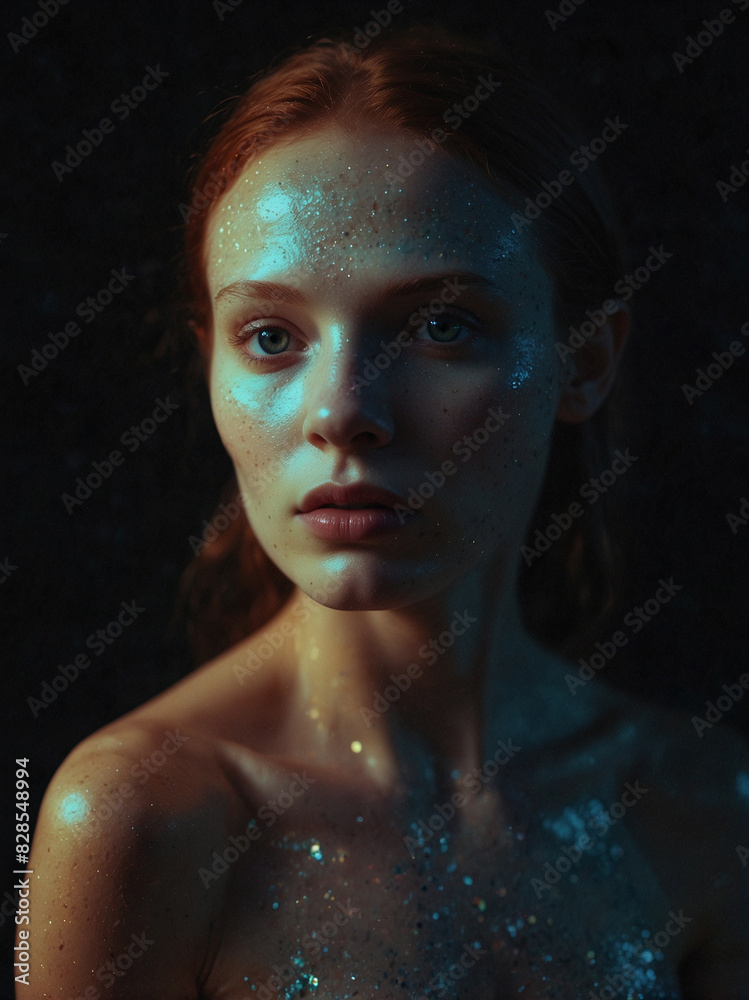 Ethereal Woman with Sparkling Skin in Low Light Portrait