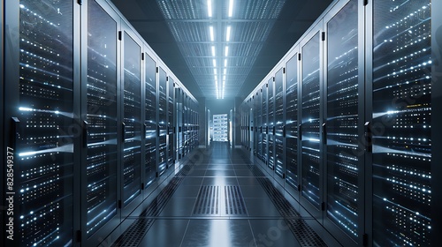Cloud Computing Data Center, Rows of Servers Storing and Processing Information Globally