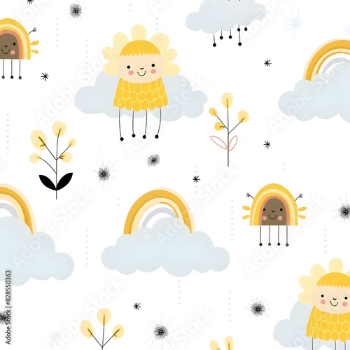 Cute pattern with clouds and rainbow