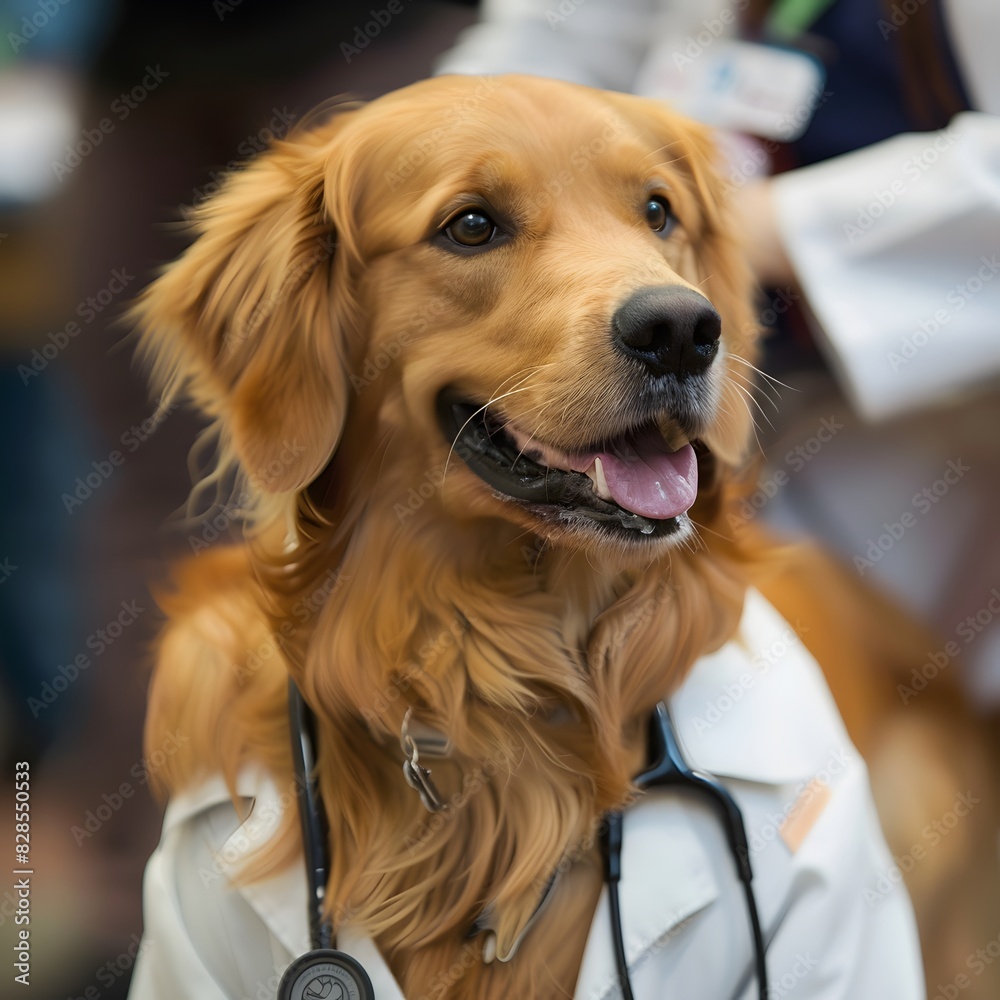 Golden retriever in doctor costume with stethoscope