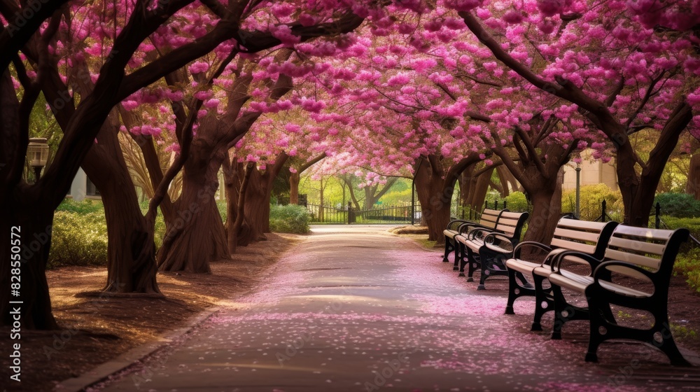Serene Cherry Blossom Alley In Springtime, Benches Lined Up. Generative AI Serene Cherry Blossom Alley In Springtime, Benches Lined Up. Generative AI