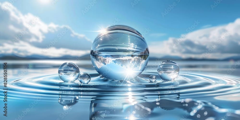 Water droplets of spheres floating on water surface with blue sky background, concept for a clean energy, drop of watercrystal-clear water sphere floating above the water surface, causing a splash Water droplets of spheres floating on water surface with blue sky background, concept for a clean energy, drop of watercrystal-clear water sphere floating above the water surface, causing a splash