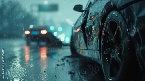 road accident in rainy weather, broken car on a city street in the rain