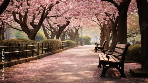 Cherry Blossoms Showering Pathway In A Tranquil Park At Spring. Generative AI