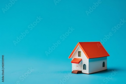 miniature white house model with red roof on vibrant blue background real estate concept product photography
