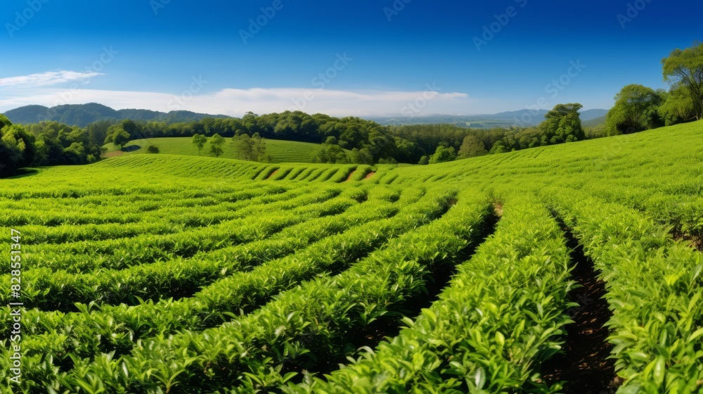 Verdant Tea Plantation Stretching Across Gentle Hills Under Clear Blue Sky. Generative AI