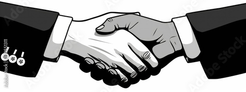 Panoramic illustration of a handshake of two executives in black and white after closing a deal. Concept of business and contracts between companies.
