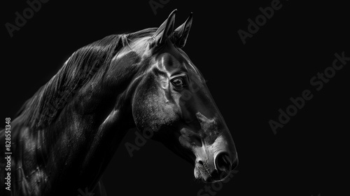 A black horse head close up against black background. Contrast lighting