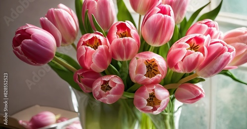 Pink tulips in a glass vase by a window. Concept  spring  beauty  elegance. For floral shops  greeting cards  celebration campaigns  Mother s Day  weddings  Easter  and floral holidays.  