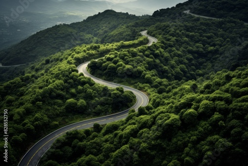 Winding Road Meandering Through Lush Green Mountainous Landscape. Generative AI