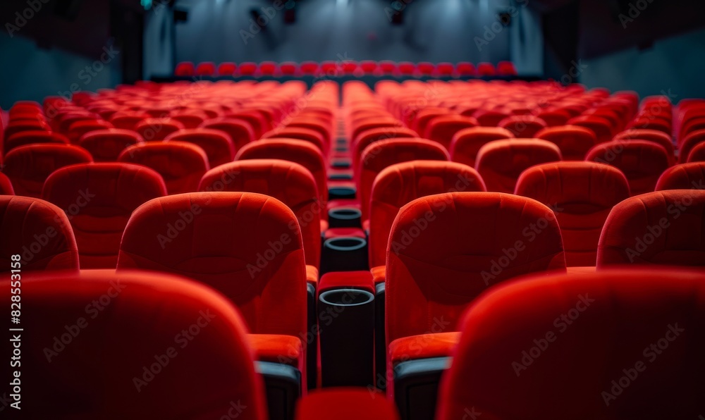 Inside the cinema or the theater: Empty rows of red luxury chairs decorated with mood lighting, await the audience. Inside the cinema or the theater: Empty rows of red luxury chairs decorated with mood lighting, await the audience.