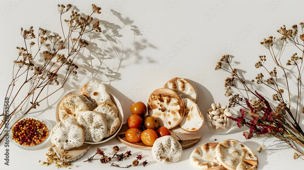 A collection of food items arranged on a table, accompanied by a white surface displaying dried flowers A collection of food items arranged on a table, accompanied by a white surface displaying dried flowers