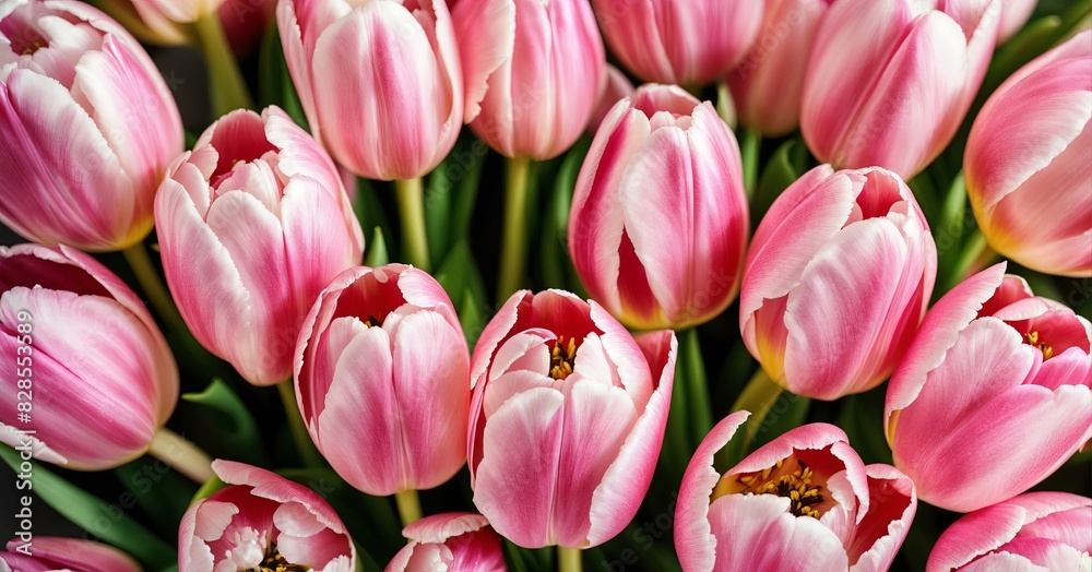 Fototapeta premium Bouquet of pink and white tulips. Concept: spring, beauty, elegance. For floral shops, greeting cards, celebration campaigns, Mother's Day, weddings, Easter, and floral holidays.