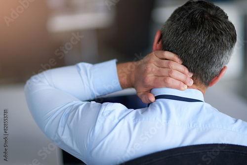 Man, hand and neck pain in office with injury, stress and accident with back for muscle fatigue. Person, employee and emergency with joints, burnout and tired with massage for relief in workplace © peopleimages.com