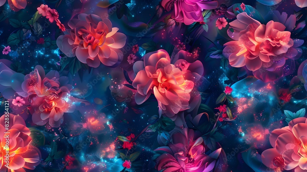 Fototapeta premium Spellbinding Interstellar Floral Composition with Vibrant Neon Blooms Against Captivating Galactic Backdrop