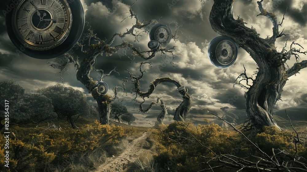 Surreal Landscape with Clocks and Twisted Trees.
Description: A dreamlike landscape featuring twisted trees with embedded clocks, winding paths, and dramatic cloudy skies. Surreal Landscape with Clocks and Twisted Trees.
Description: A dreamlike landscape featuring twisted trees with embedded clocks, winding paths, and dramatic cloudy skies.