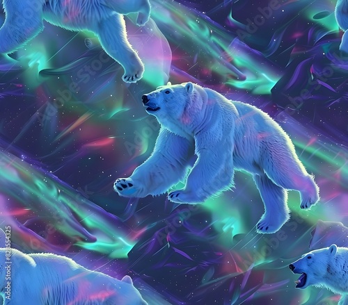 Powerful Polar Bears Cavorting Under the Mesmerizing Aurora Borealis Glow in a Panoramic Landscape photo