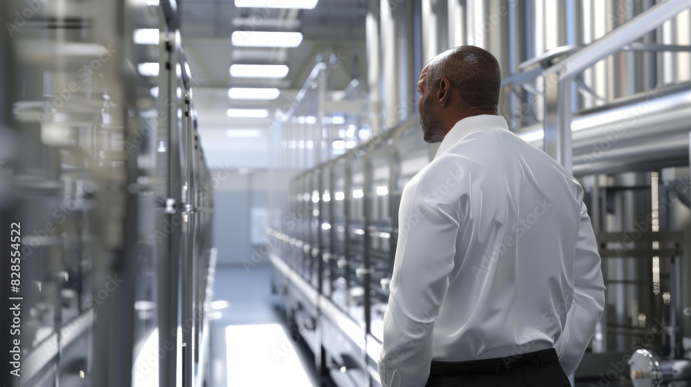 A man dressed in a white shirt and black pants working inside a factory setting A man dressed in a white shirt and black pants working inside a factory setting