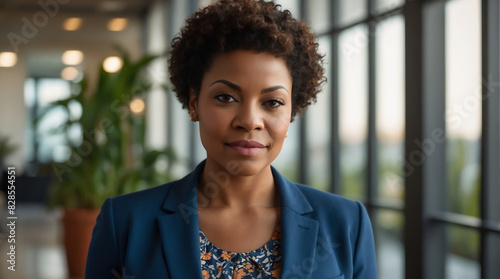 Confident African American Businesswoman in Modern Office with Natural Light and Green Plants Background