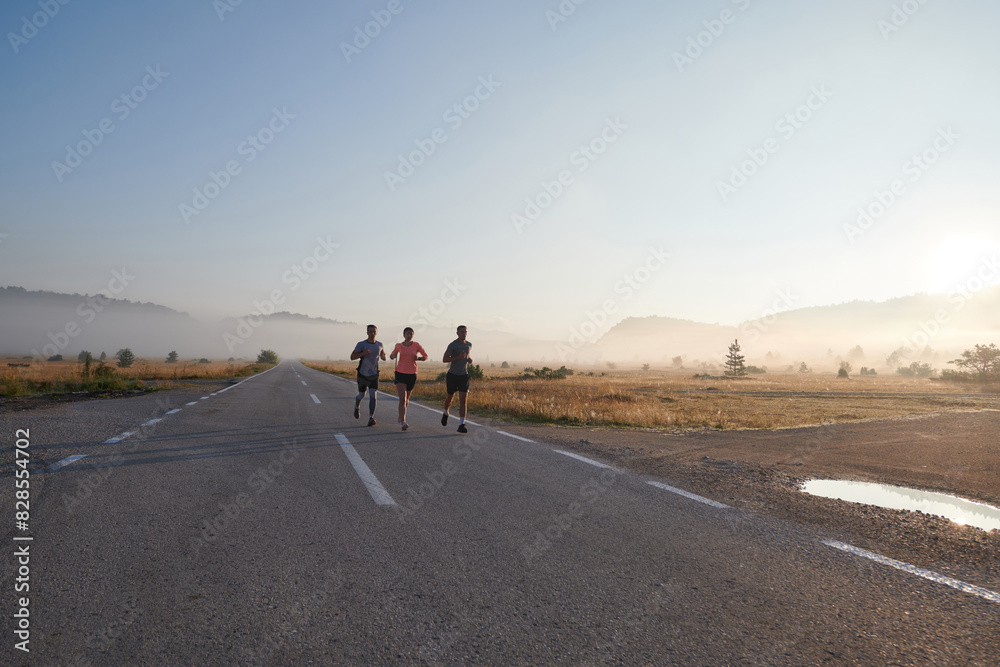 Obraz premium A group of friends, athletes, and joggers embrace the early morning hours as they run through the misty dawn, energized by the rising sun and surrounded by the tranquil beauty of nature