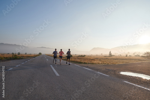 A group of friends  athletes  and joggers embrace the early morning hours as they run through the misty dawn  energized by the rising sun and surrounded by the tranquil beauty of nature
