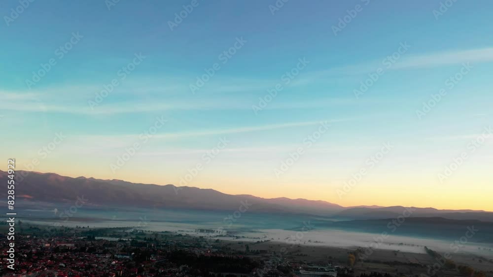 aerial view of foggy morning autumn mountains with clouds bansko bulgaria aerial view of foggy morning autumn mountains with clouds bansko bulgaria