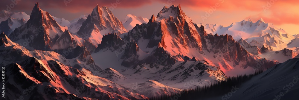 Naklejka premium A breathtaking view of snow-capped mountain peaks at sunset, capturing the beauty and tranquility of the natural landscape.