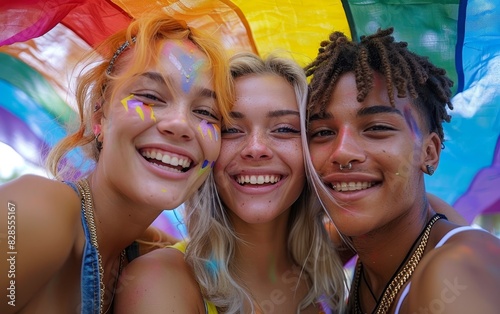 pride celebration selfie, smiling friends, colorful backdrop, joyful expressions, unity and fun