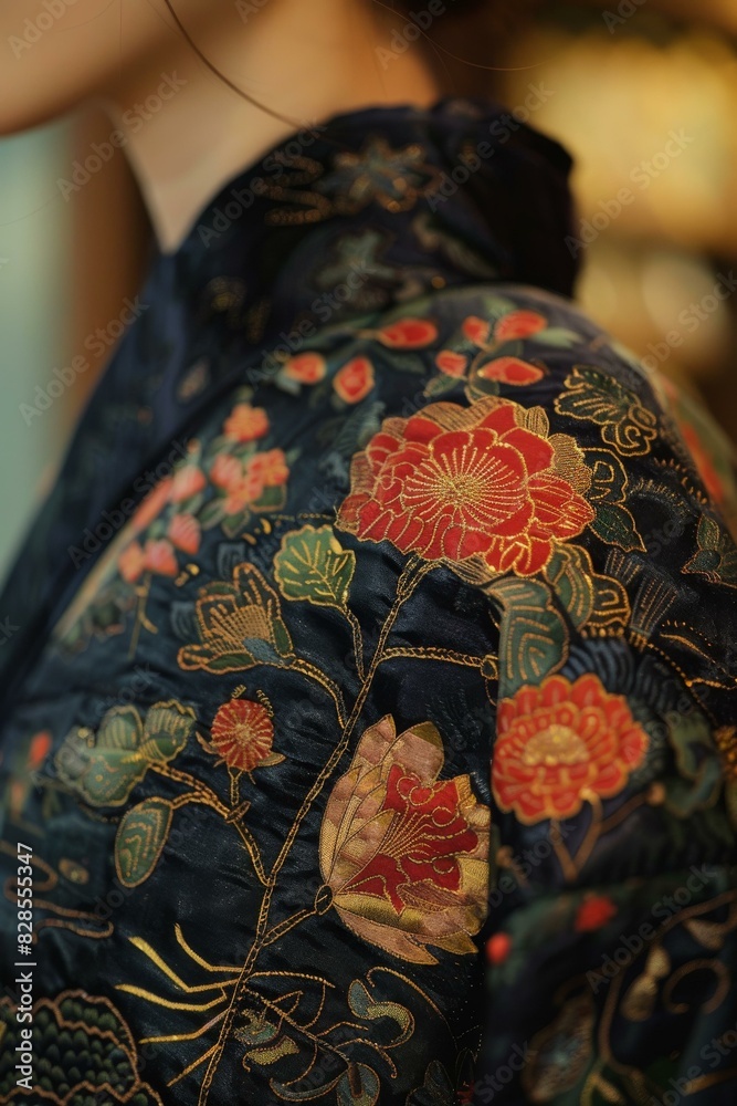 Close-up of a womans shoulder in a black cheongsam with red and gold embroidery