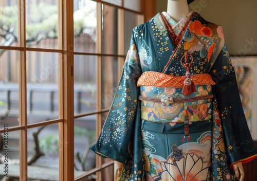 A kimono with a floral pattern and a colorful obi sash photo
