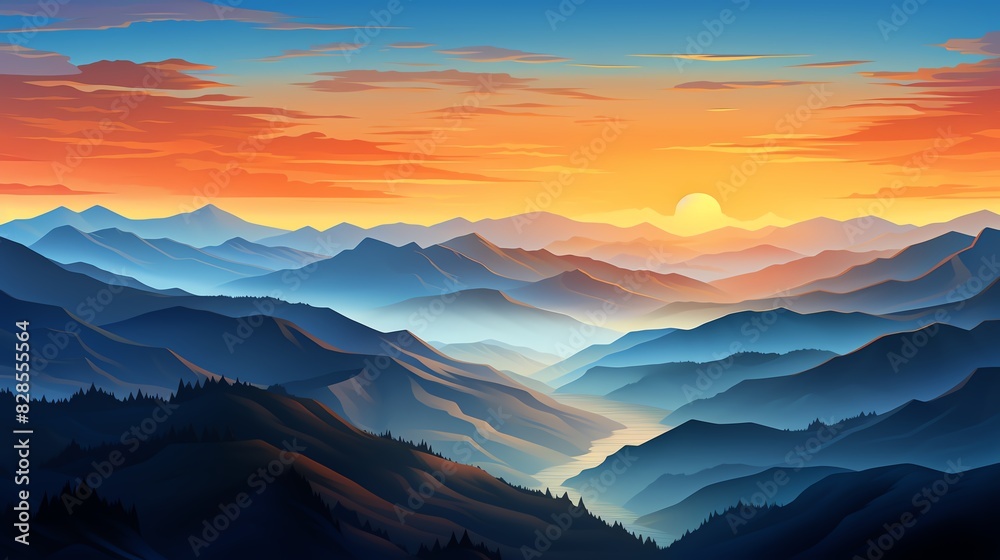Scenic mountain landscape with layers of hills at sunrise, beautiful vibrant colors in the sky, tranquil and serene view.