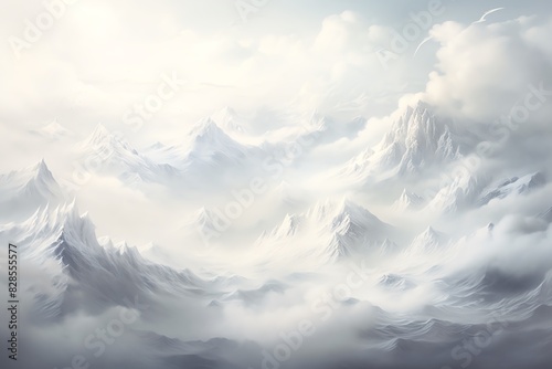Serene winter mountain landscape shrouded in mist. Snow-covered peaks and gentle clouds create a tranquil and ethereal scene.