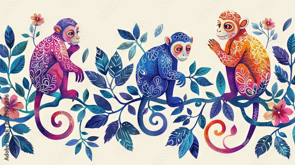 Monkey Color Patterns Beautiful colorful monkey pictures For designing fabric patterns. Stock ...