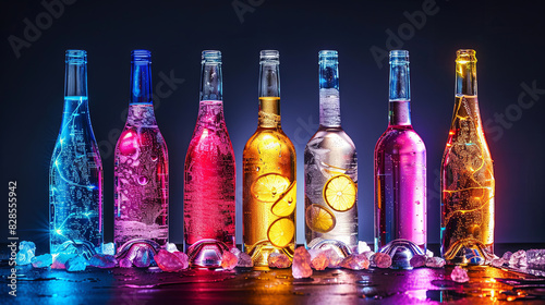 Wine bottles, wine glasses and soft drinks neon rainbow colors, white background, glow in the dark.