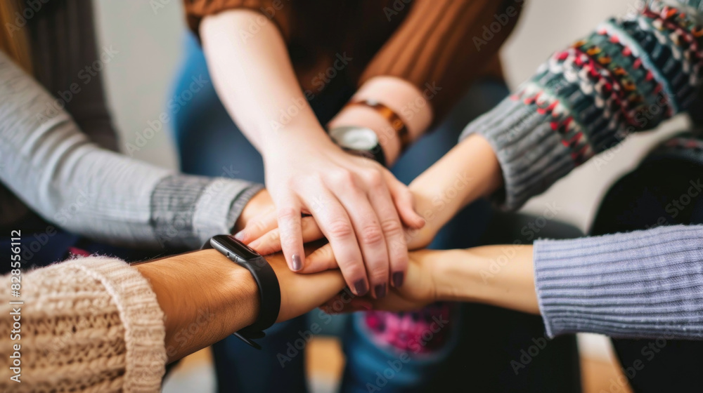 Diverse group of individuals gathering in a circle, unified as they put their hands together in a gesture of teamwork and unity Diverse group of individuals gathering in a circle, unified as they put their hands together in a gesture of teamwork and unity
