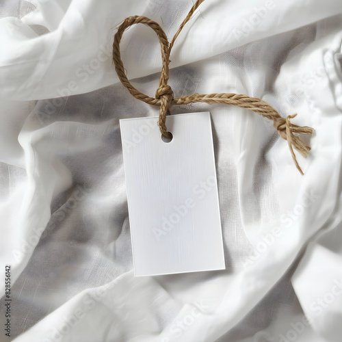 Close-up of a blank tag on white clothing. resource for mockup design isolated on white background, studio photography, png
 photo