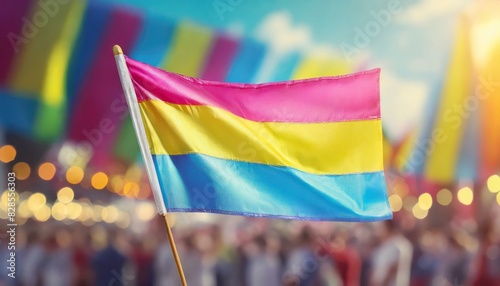 pansexual flag on the background of the pride parade, lgbt pride month, fight against homophobia, tolerance, rally of many people photo