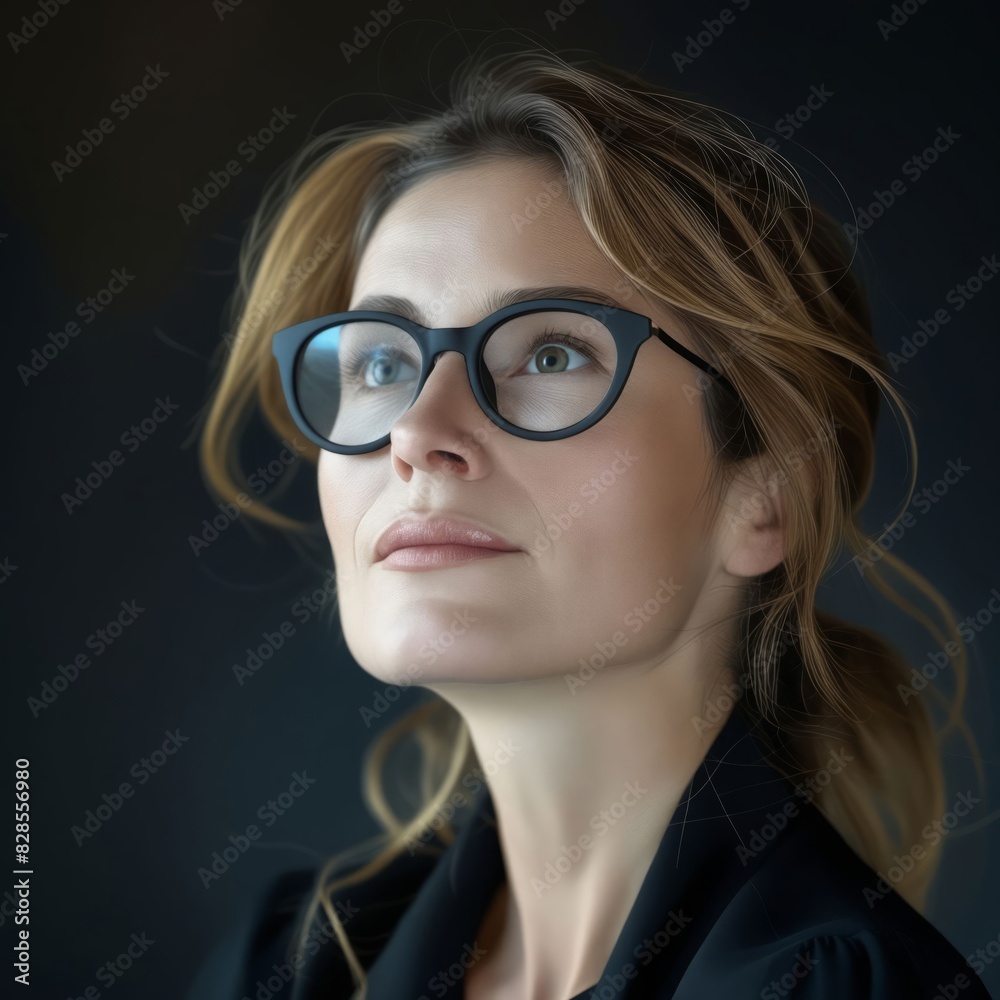 Fototapeta premium A woman with glasses looking up at the sky.