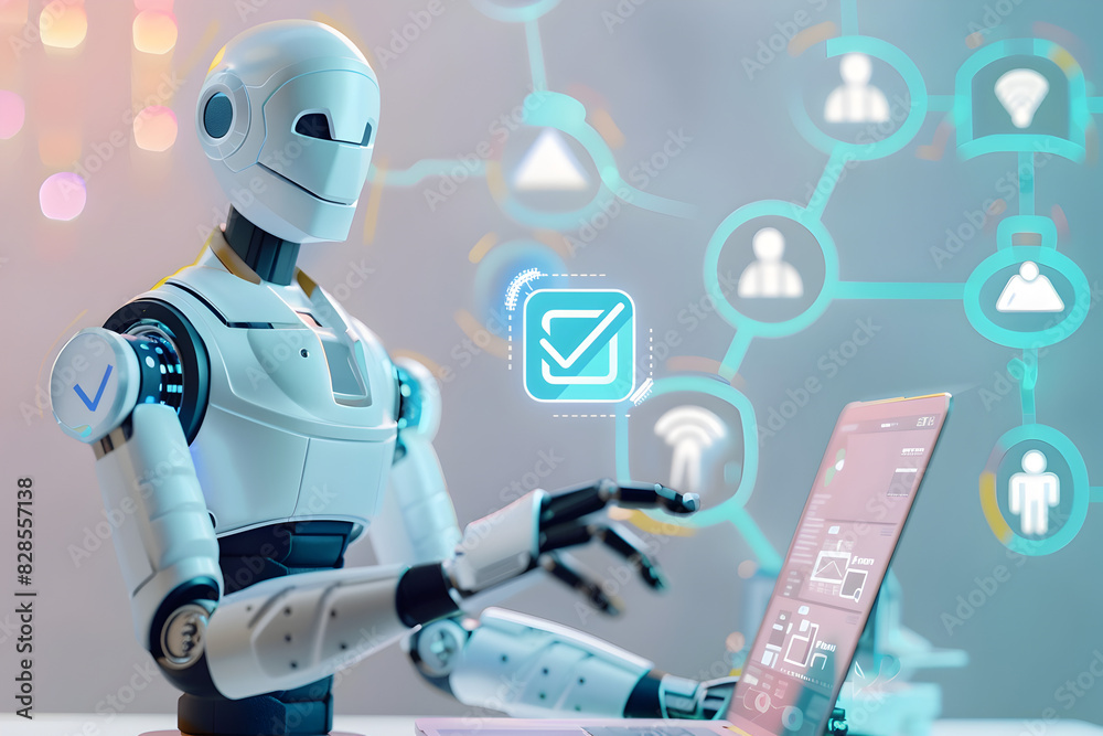 Naklejka premium A Robot AI is using a laptop and touching the blue checkmark icon with multiple icons of documents and people on the virtual screen.