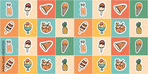 meal. products. a pineapple. strawberry. coconut. soda. frame. postcard. pattern. example. doodle. retro colors. ice cream. fruits. the pattern. seamless. seamless pattern.