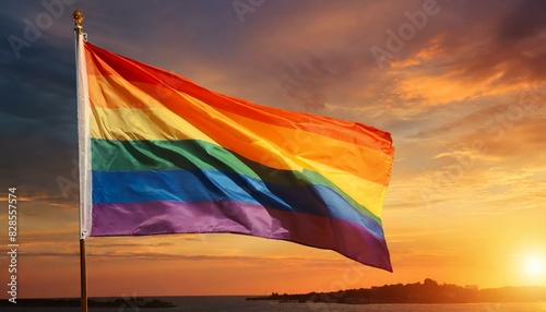 lgbt flag against sunset background, pride parade, lgbt pride month, fight against homophobia, tolerance, rally of many people © Arthur