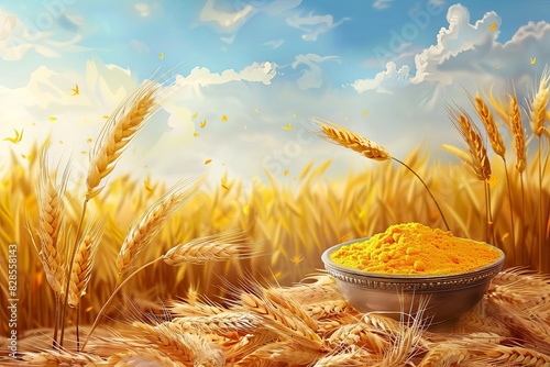 traditional baisakhi celebration in wheat field with sikh symbols and harvest elements realistic digital illustration photo