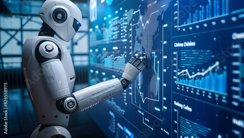 A Robot AI touching a gear icon with medical icons on a virtual screen, doing setup of a digital health technology system for healthcare service management concept.