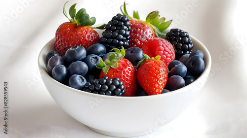  a bowl of fresh tasty eyecatching berries  strawberries  blueberries  blackberries  light shining on fruit  white bright kitchen background