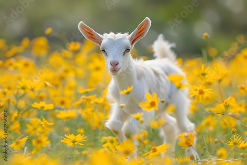 A white baby goat prancing through a field of vibrant yellow wildflowers © john