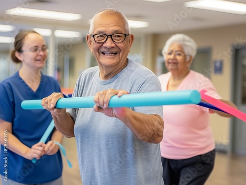 Elderly individuals participating in a group exercise class, guided by a healthcare professional, promoting fitness and well-being.