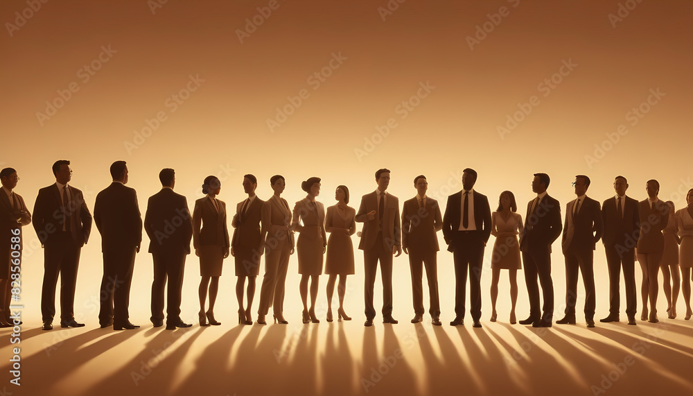 Cartoon style silhouette of business team, crowd of diverse progessional people standing in a backlit abstract background Cartoon style silhouette of business team, crowd of diverse progessional people standing in a backlit abstract background
