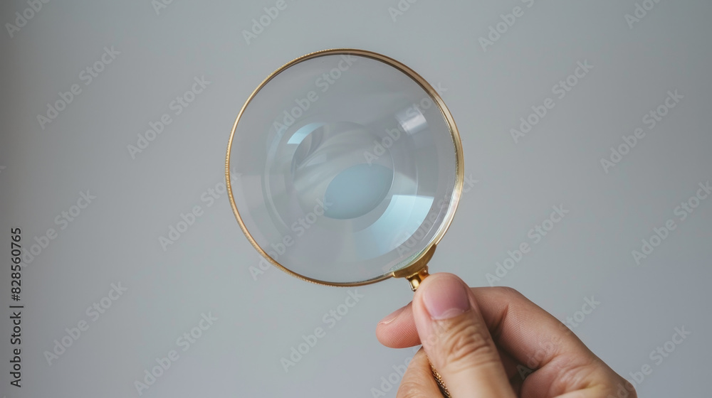 Close-up of hand holding magnifying glass on light grey background Close-up of hand holding magnifying glass on light grey background